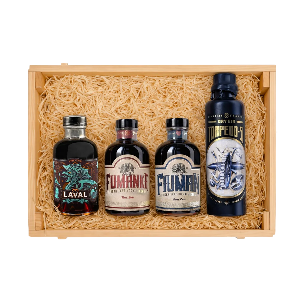 Suza Flavours of Kvarner Gift Set – Laval, Fiumanka, Fiuman and Torpedo-51 Gin in a Wooden Box