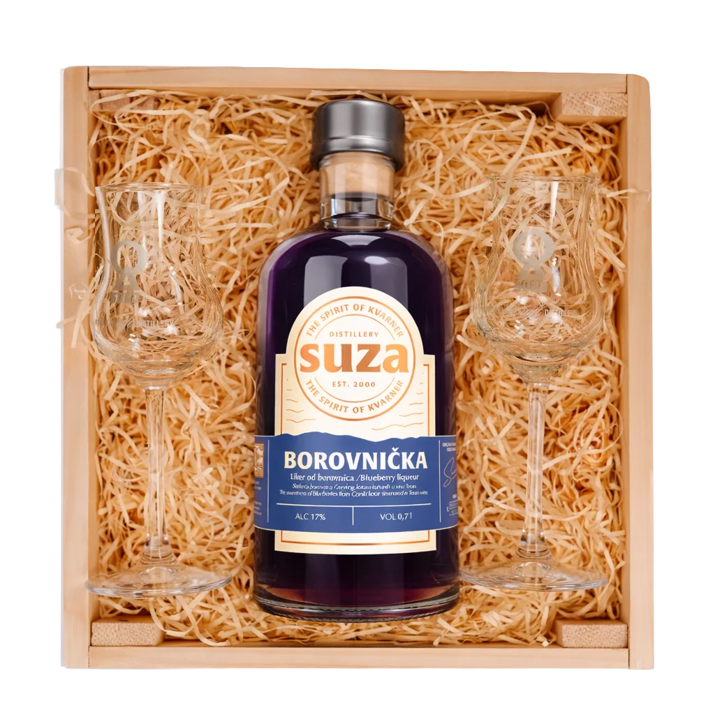 Suza Borovnička Gift Set 0.7L with Two Glasses in a Wooden Box