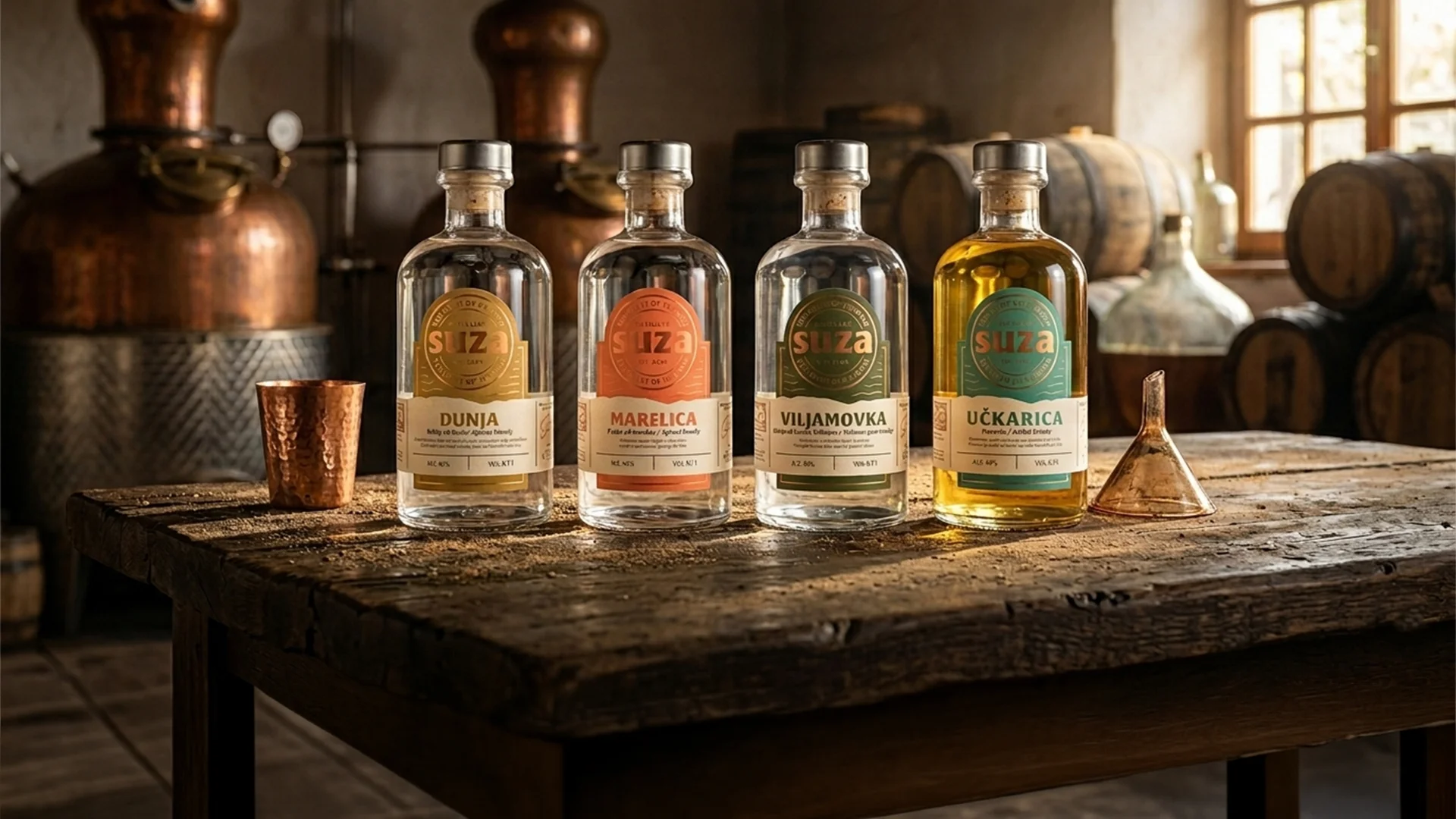 Suza premium rakije Dunja Marelica Viljamovka i Učkarica u destileriji