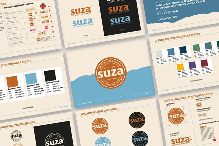 Brand guidelines i vizualni identitet Suza brenda prikazuju novi logo, tipografiju, paletu boja i sustav etiketa povodom 25 godina rebrandinga destilerije Suza T.B.
