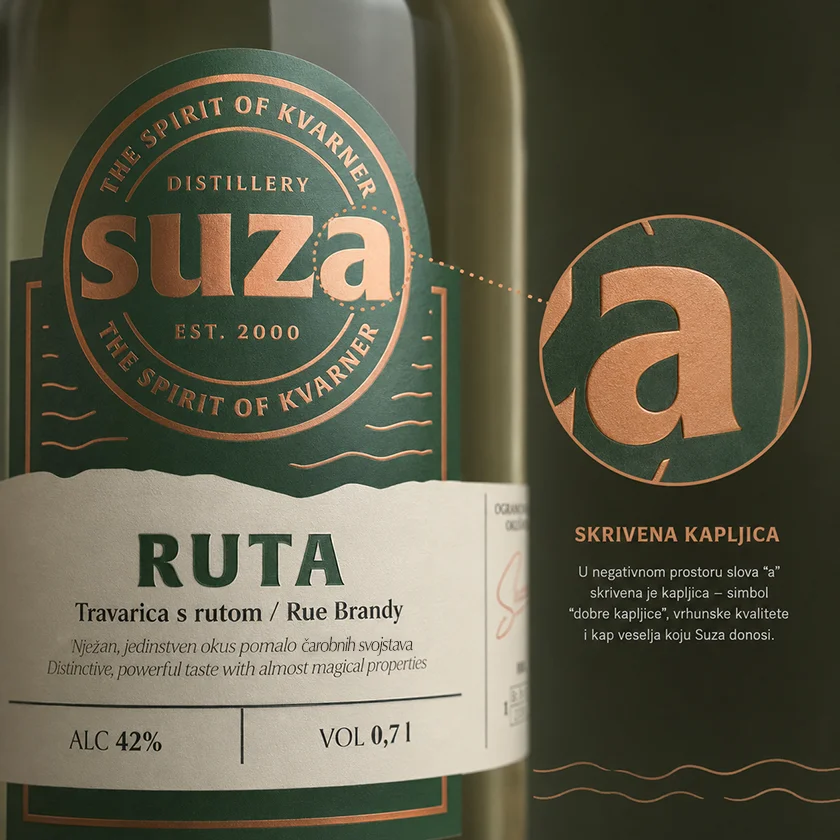 Detalj Suza logotipa na etiketi Ruta s prikazom skrivene kapljice u slovu a